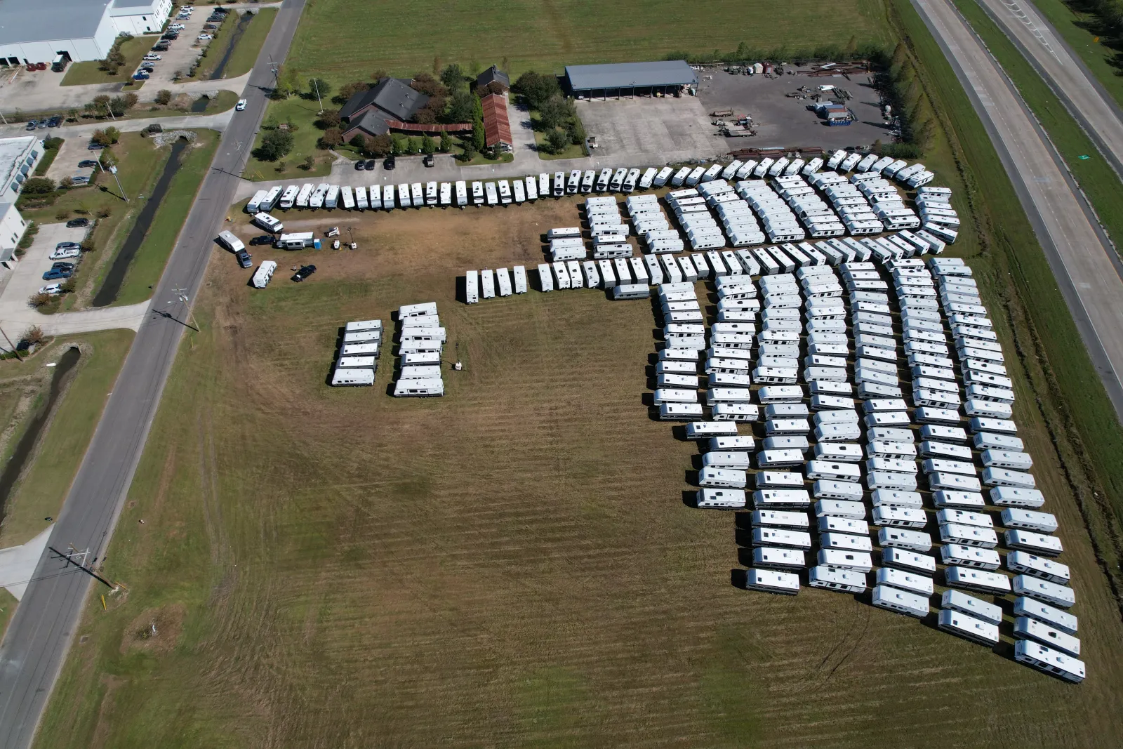 Aerial view of travel trailers staged for Lamar emergency logistics and lodging support