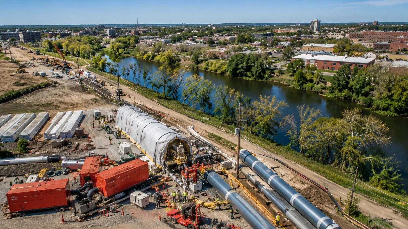 Aerial view of large-scale pipeline and utility installation along a river for Lamar infrastructure work